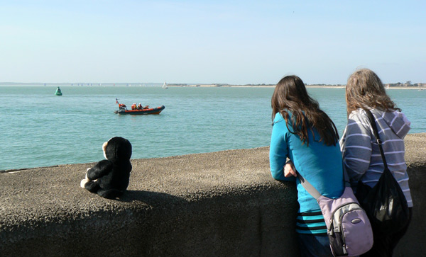 Monty Mooch monkey watches the RNLI performing off Southsea Common.