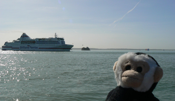 Monty Mooch monkey watches a ferry going into Portsmouth.