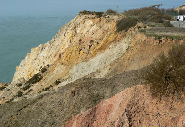 The multicolored sand cliffs at Alum Bay, Isle of Wight.