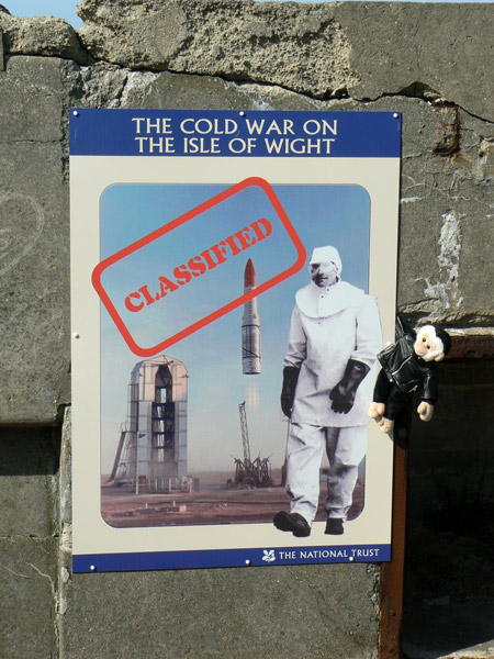 Monty Mooch monkey at the sign for the New Battery rocket test site on Isle of Wight.