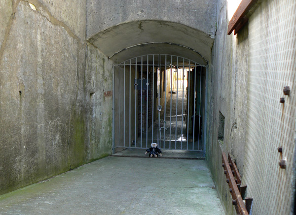 Monty Mooch monkey at the entrance to the New Battery rocket test site exhibition, Isle of Wight.