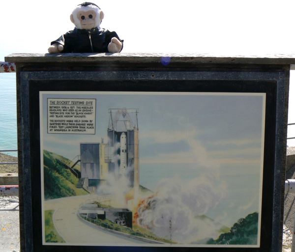 Monty Mooch monkey sits on one of the signs at the New Battery rocket test site, Isle of Wight.