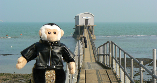 Monty Mooch monkey on the pier leading to the Bembridge RNLI lifeboat station, Isle of Wight.
