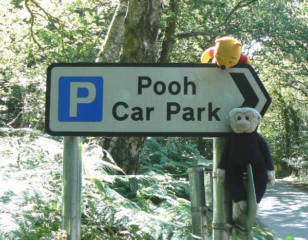 Winnie-the-Pooh and Mooch monkey on the Pooh car park sign.
