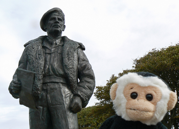 Monty Mooch monkey at the statue to Field Marshal Viscount Montgomery, Portsmouth.
