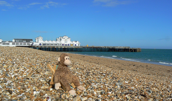 Bonsai monkey sits in his deckchair at Southsea Pier.