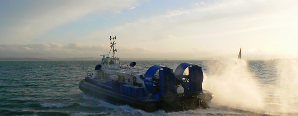 A hovercraft ferry leaves Portsmouth.