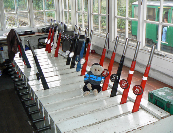 Mooch monkey in the Hythe signal box on the Romney Hythe & Dymchurch Railway.