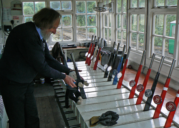 Mooch monkey in the Hythe signal box on the Romney Hythe & Dymchurch Railway.