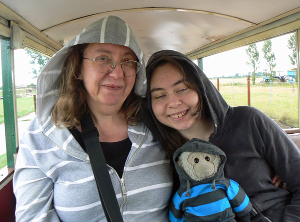 Mooch monkey in a train on the Romney Hythe & Dymchurch Railway.