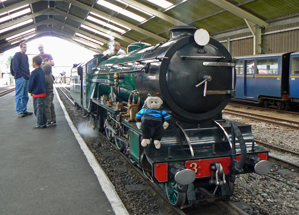 Mooch monkey on an engine of the Romney Hythe & Dymchurch Railway.