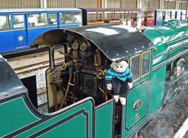 Mooch monkey on an engine of the Romney Hythe & Dymchurch Railway.