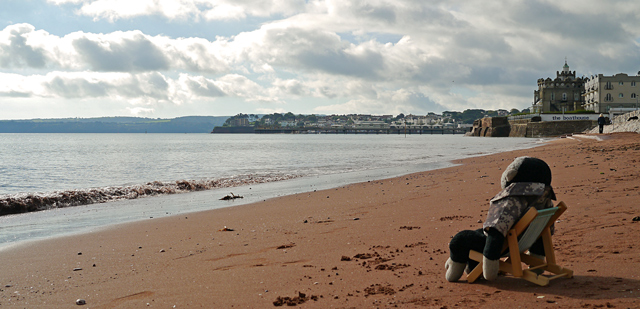 Mooch monkey sits in his deckchair on Paignton Beach