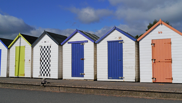 Mooch monkey sits in front of a beach hut on Paignton Beach