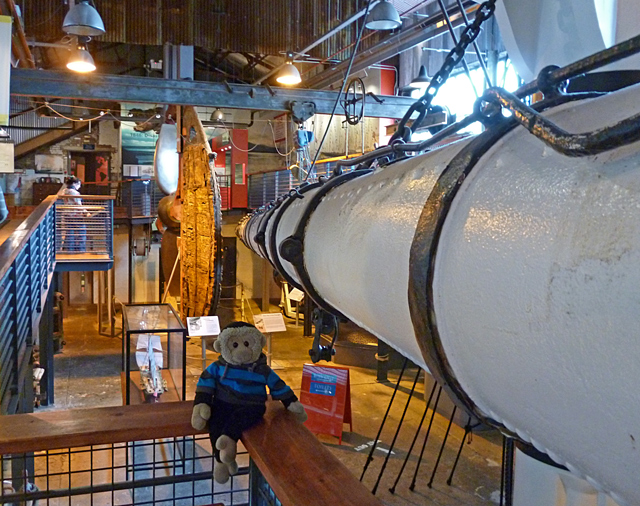 Mooch monkey at ss Great Britain in Bristol - mast and rudder in exhibition area