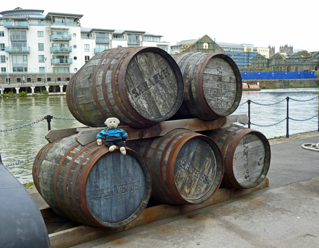 Mooch monkey at ss Great Britain in Bristol - dockside cargo barrels - harveys wine
