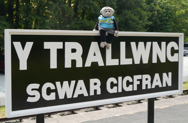 Mooch monkey at the Welshpool & Llanfair Light Railway - Welshpool Station sign