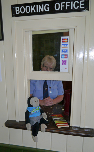Mooch monkey at the Welshpool & Llanfair Light Railway - buying a ticket