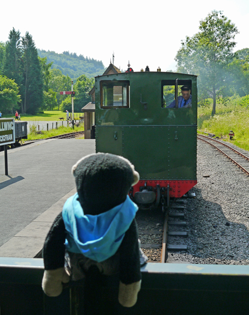 Mooch monkey at the Welshpool & Llanfair Light Railway - engine approaches carriages