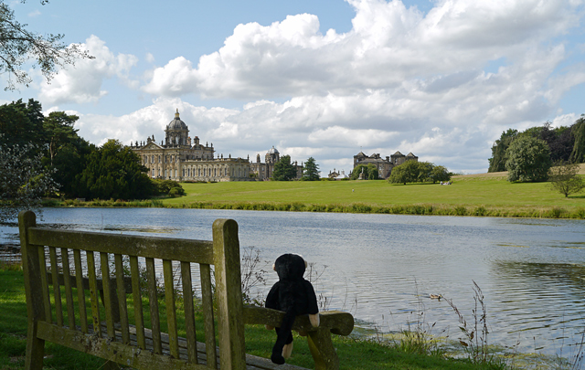 Minty Mooch monkey at Castle Howard - house from South Lake