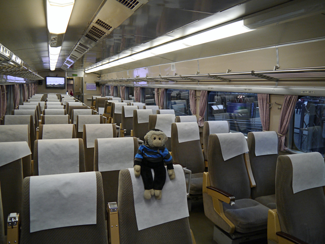 Mooch monkey inside Japanese Shinkansen 'Bullet Train' at the Railway Museum in York