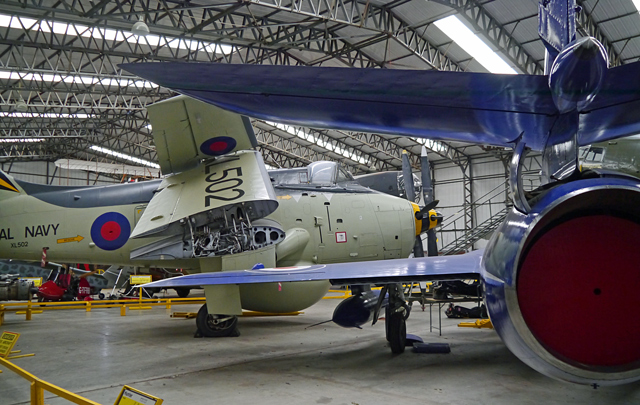 Mooch monkey at Yorkshire Air Museum, Elvington - Fairey Gannet and rear of Hawker Hunter